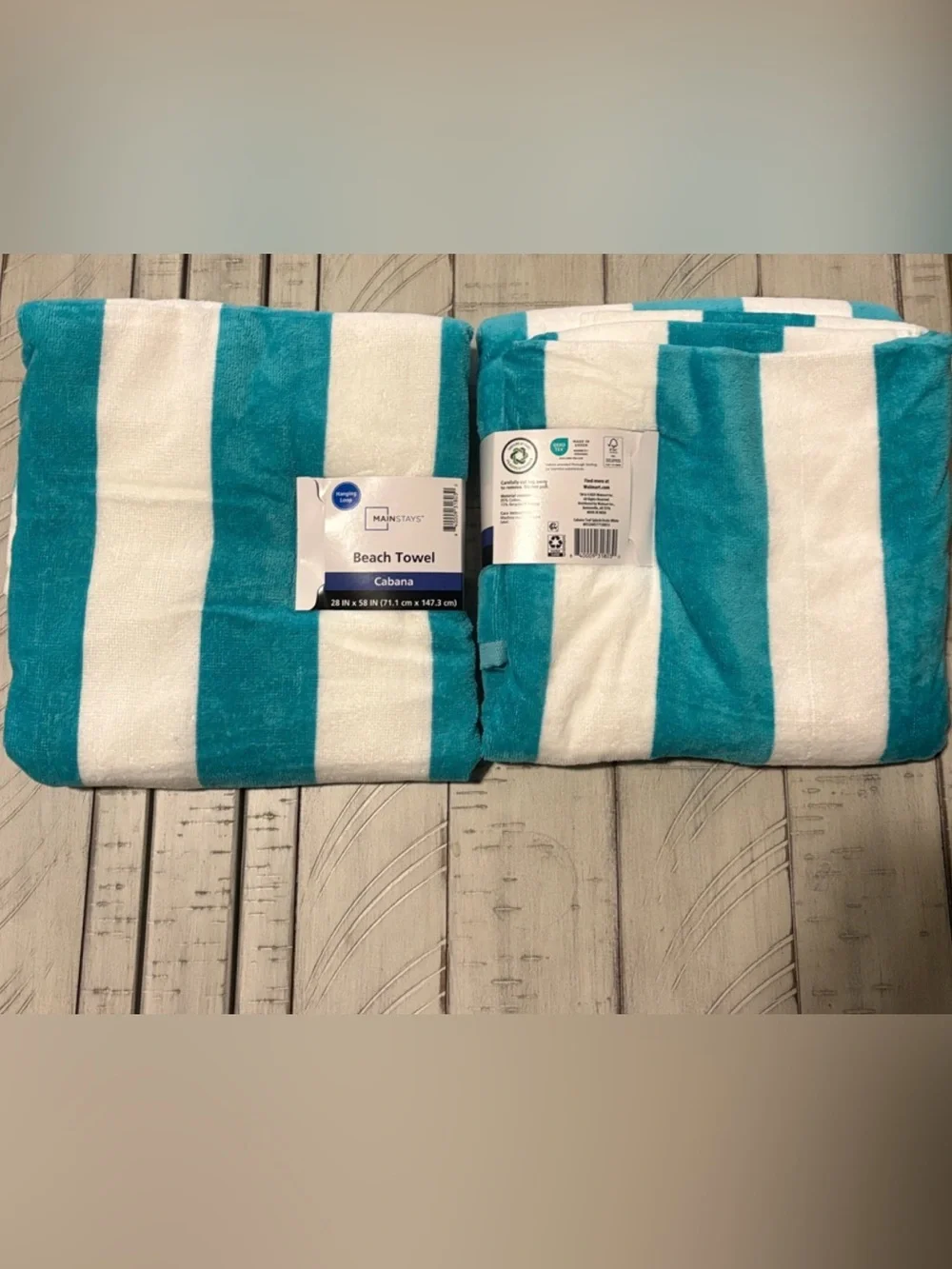 2-Mainstays Cabana Striped Cotton Beach Towel w/ Hanging Loop Blue/White 28x58